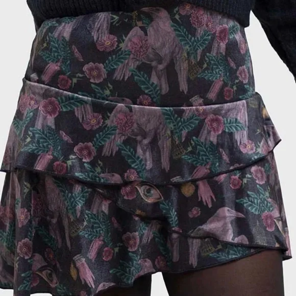 NWT Killstar CORAX Rara Mini Skirt — XL Raven Print Velvet Tiered Goth Skirt - Picture 6 of 6